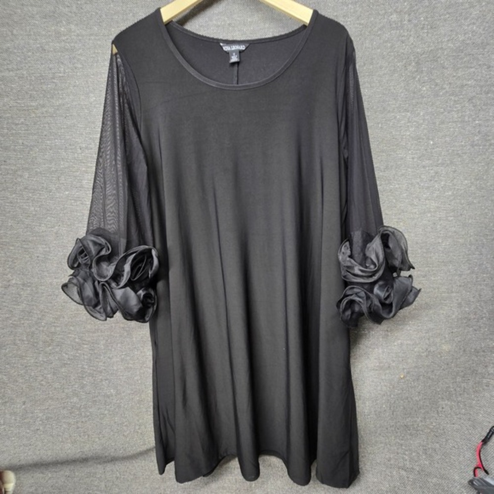 Nina Leonard Black Rosette Sleeve‎ Shift Dress Womens M Sheer Mesh Ruffle Cuff